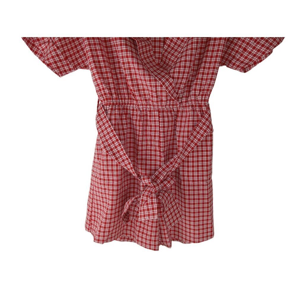 Entro Womens Romper Red Short Sleeve Surplice V-NECK Plaid Belted Woven S NWT - Picture 5 of 14